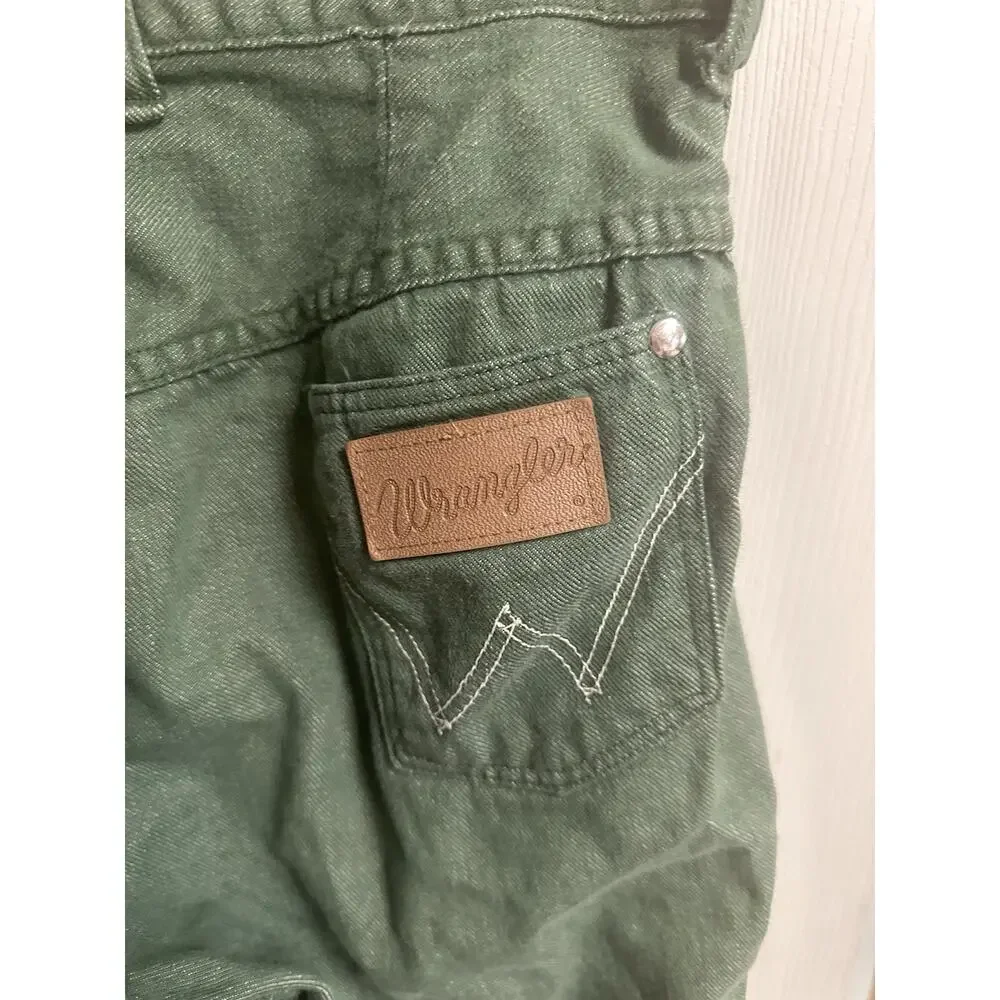70s Wrangler Misses Jeans Green Denim Snap Button Wide Leg Flare Slim Sz 18 30w - Picture 8 of 9